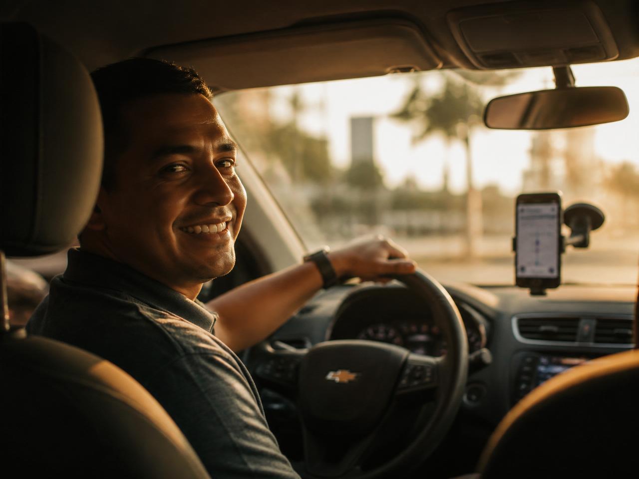 Motorista de aplicativo sorrindo ao volante com celular no suporte